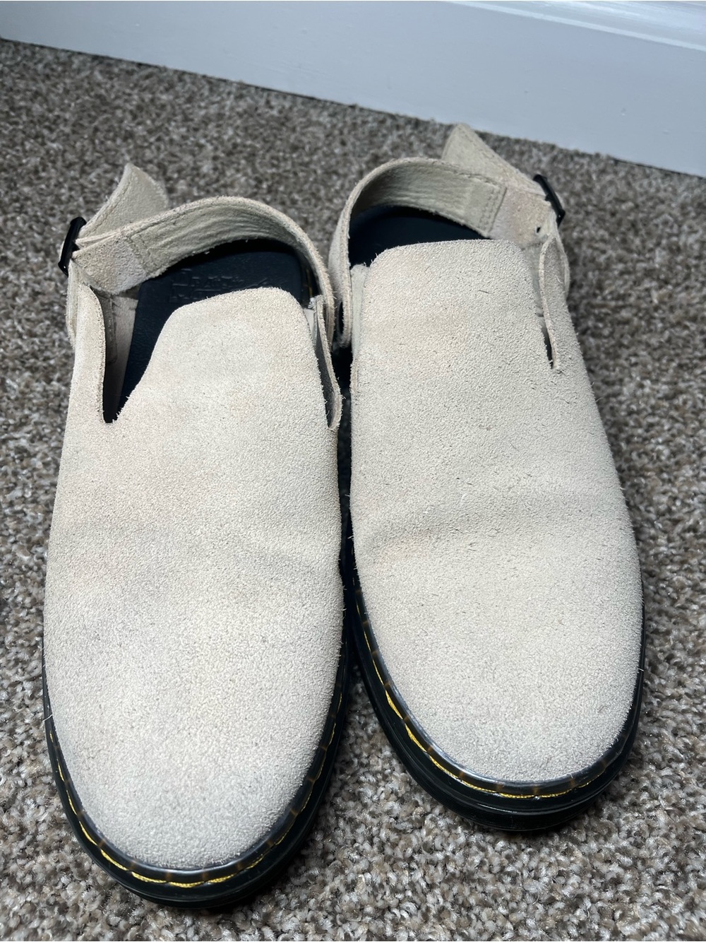 Dr. Martens Carlson suede slingback mules in the warm sand beige colorway